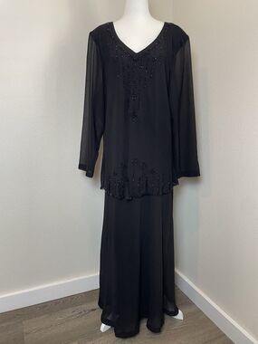 Ultra Dress New York Black Beaded Evening Gown Wedding Party Sheer Flowy-14w